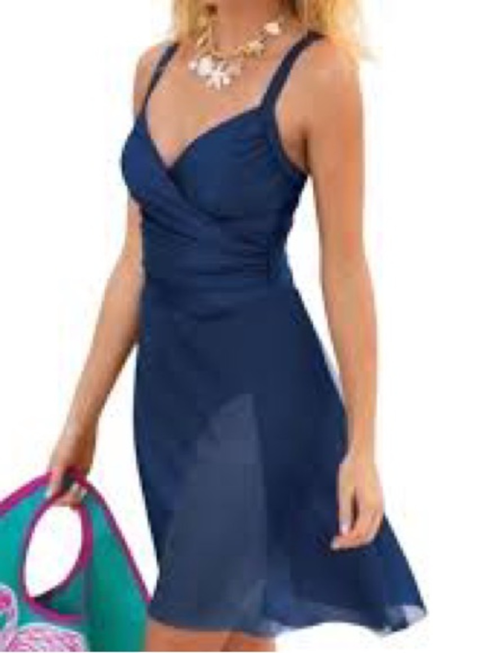 Carol Wior Navy Blue Women’s Wrap-Front Slimsuit Swim Dress Size 12